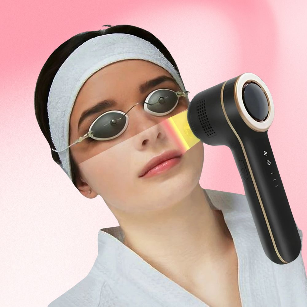 Woman using Dainty Dewy device with visibly clearer, glowing skin